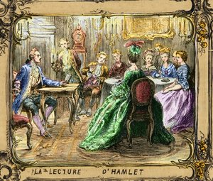 La lecture de Hamlet（莎士比亚）--朗读《哈姆雷特》--约翰-沃尔夫冈-冯-歌德于 1770 年在斯特拉斯堡--根据路德维希-皮特希（1824-1911 年）的作品雕刻 作者 路德维希（后）皮奇