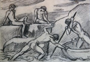 绿色海岸上的裸体船夫和青年（纸上石墨画） 作者 路德维希·冯·霍夫曼