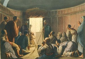 圣墓教堂的入口，摘自《巴勒斯坦的风景》，1804年伦敦印刷（彩色平印）。 作者 路易吉（继）梅耶尔