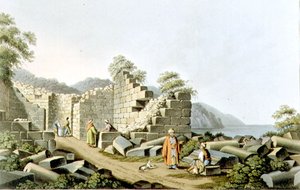 萨摩斯的古庙遗址，图版58来自《奥斯曼帝国的风景》，由R. Bowyer出版。 作者 路易吉（继）梅耶尔