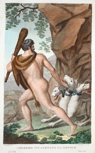 Hercules和Cerberus或Cerbero Incatenato da Ercole，第七册，插图来自奥维德的变形记，佛罗伦萨，1832年（手工彩色雕刻） 作者 路易吉·阿德莫洛