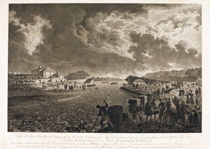 1822 年 10 月 26 日 Bisagno 洪流泛滥之后，热那亚皮拉桥的景色（蚀刻，约 1822 年）