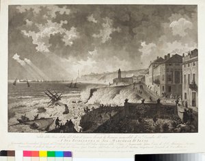 1821 年 12 月 25 日 Tempete 期间热那亚港口的景色（雕刻，约 1821 年） 作者 路易吉·加里波