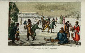 溜冰场。朱利奥·费拉里奥（Giulio Ferrario）的古代和现代风俗或政府史插图，1831年