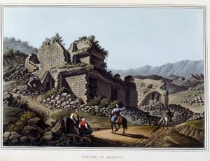 在以弗所旧城希腊，今天在土耳其废墟中的剧院。 在“奥斯曼帝国、欧洲、亚洲和一些地中海岛屿的景观”中，来自伦敦 Luigi Mayer 拍摄的原始图画 作者 路易吉·梅耶（Luigi Mayer）