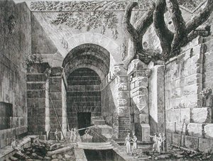 阿尔巴诺湖甘道夫城堡的罗马人遗迹，摘自1824-26年出版的《Le Antichita dei Contorni di Roma》（蚀刻画）。