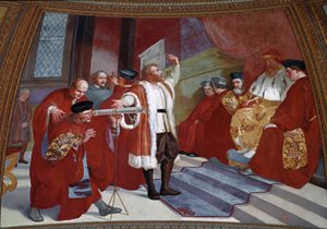 Galilee di Galileo Galilei (1564-1642) 在总督在场的情况下。 这位科学家在威尼斯参议院圣马可广场钟楼展示了这台望远镜。 Luigi Sabatelli (1772-1850) 的绘画。 壁画。 佛罗伦萨论坛报 Galileiana