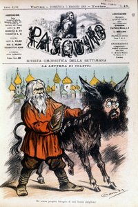 Luigi Sapelli Caramba（1865-1936）关于托尔斯泰的漫画，涉及托尔斯泰给教廷的信。1901年5月5日《帕斯基诺》的封面。 作者 路易吉·萨佩利·卡兰巴（Luigi Sapelli Caramba）