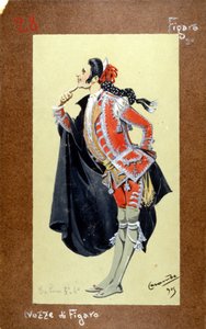 1786 年沃尔夫冈·阿马德乌斯·莫扎特 (Wolfgang Amadeus Mozart) 创作的《费加罗的婚礼》(The Wedding of Figaro) 人物形象。路易吉·萨佩利·卡兰巴 (Luigi Sapelli Caramba) 的服装 (1865-1936) 作者 路易吉·萨佩利·卡兰巴（Luigi Sapelli Caramba）