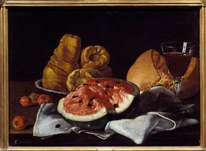 糊状、面包、蛋糕和酒杯。 西班牙学校 Luis Melendez (1716 - 1780) 的绘画