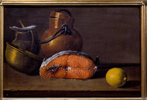 三文鱼、柠檬和器皿切片。 西班牙学校 Luis Melendez (1716 - 1780) 的绘画