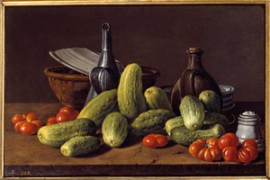 静物：黄瓜、西红柿和容器。 路易斯·梅伦德斯 (Luis Melendez) 的绘画 (1716 - 1780)