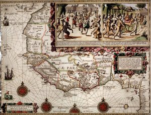 大约在1586年，制图师路易斯-特克塞拉（或特克塞拉）绘制的吉尼斯地理图。在右上方，表现了土著人（非洲人）的舞蹈场景。 作者 路易斯·特谢拉