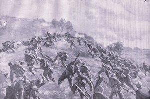 夺回Szawle。攻克山脊，摘自《1914-1915年世界大战插图史》，由Union Berlagsefellfchaft出版。 作者 M. Barascudts