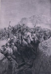 意大利人对多贝多高地的不成功攻击，摘自《1914-1915年世界大战插图史》，由Union Berlagsefellfchaft出版。 作者 M. Barascudts