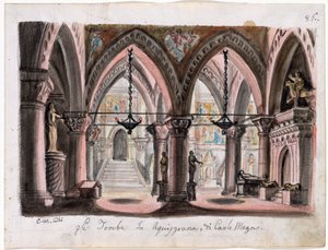 Le tombeau de Charlemagne a Aix-la-Chapelle - 朱塞佩-威尔第歌剧《埃尔纳尼》的布景设计 - 孔蒂（M. Conti，1810-1886 年）。纸面水彩画 尺寸：22x29 厘米 纽约摩根图书馆和博物馆 作者 M·康蒂