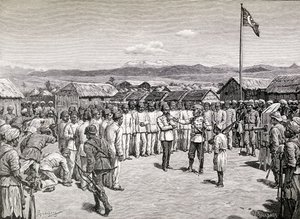 亨利·莫顿·斯坦利爵士于1890年在Kavalli向叛军官员发表讲话（木版画） 作者 勋伯格