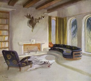 1930s interiors: Smoking room in a country house (colour litho) 作者 金牛座