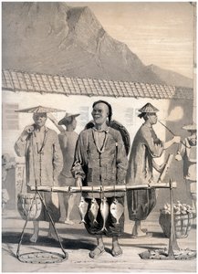 中国香港维多利亚街的鱼贩子，约1860年。
