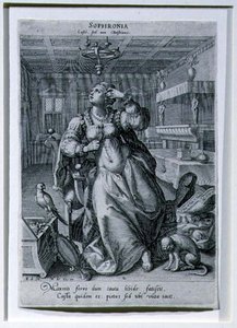 Sophronia，出自描绘 "作为贞洁象征的三个女人 "的系列，由拉斐尔-萨德勒一世（1561-1632）雕刻，约1590年（雕刻）。 作者 Maarten de（之后）Vos