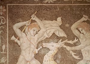 狩猎雄鹿》，猎人细节，选自 "海伦被绑架的房子"（马赛克）。 作者 马其顿语