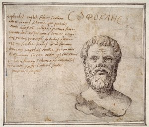 古代索福克勒斯的半身像，有注释，仿照Fulvio Orsini（纸上笔墨）。 作者 梅尔滕·范·海姆斯克
