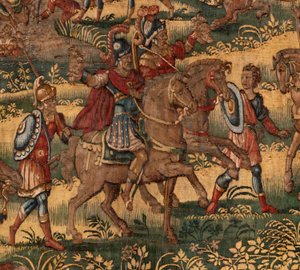 教区博物馆（Museo Diocesano）。弗拉芒挂毯。布鲁塞尔。弗朗索瓦-格伯斯工作室。基甸的故事系列。打败米甸人（Derrota de los madianitas）。丝绸和羊毛。Vicente Roca de la Serna 主教遗赠。巴洛克风格。1534-1571 年，在 作者 梅尔滕·范·海姆斯克
