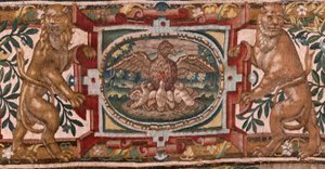 教区博物馆（Museo Diocesano）。弗拉芒挂毯。布鲁塞尔。弗朗索瓦-格伯斯工作室。基甸的故事系列。以色列人将战利品的一部分交给基甸（Los israelitas entregan a Gedeón su parte del botín）。丝绸和羊毛。比绍的遗赠 作者 梅尔滕·范·海姆斯克