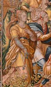 教区博物馆（Museo Diocesano）。弗拉芒挂毯。布鲁塞尔。弗朗索瓦-格伯斯工作室。基甸的故事系列。以色列人将战利品的一部分交给基甸（Los israelitas entregan a Gedeón su parte del botín）。丝绸和羊毛。比绍的遗赠 作者 梅尔滕·范·海姆斯克