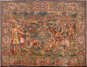 教区博物馆（Museo Diocesano）。弗拉芒挂毯。布鲁塞尔。弗朗索瓦-格伯斯工作室。基甸的故事系列。勇士被选中》（La elección de los guerreros）。丝绸和羊毛。Vicente Roca de la Serna 主教遗赠。巴洛克风格。1534 年至 1571 年，巴洛克风格。 作者 梅尔滕·范·海姆斯克