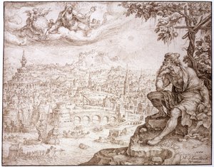 Jonah，坐在葫芦下，考虑尼尼微市，1566年（笔和棕色墨水用手写笔在纸上切开） 作者 梅尔滕·范·海姆斯克