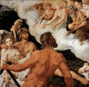火星和金星被困在火神的网中 - 火星和金星被困在火神的网中 - Maarten Jacobsz van Heemskerck (1498-1574)。 木上油，约 1540 年。 尺寸：96x99 厘米。 艺术史博物馆，维也纳 作者 梅尔滕·范·海姆斯克