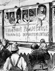 ComédieFrançaise在法国巡回演出的特别列车演员停下来，让乡下人一睹剧院，19世纪下半叶