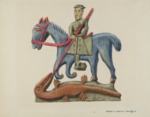圣乔治和龙，从一段木板上雕刻出来的--彩绘，约1938年。 作者 马杰尔·G·克拉弗林