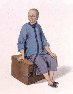 一个被固定在大木块上的人，板块14来自《中国的惩罚》，由J. Dadley雕刻。