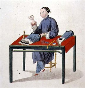 一个女人在做长袜，板块3来自《中国的服装》，由J.Dadley刻制。