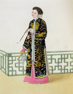 她的仪式习惯中的一位女士，来自“中国服饰”的第60页，由J. Dadley，1800年刻。
