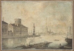 View of the Neva and the Academy of Sciences - Maxim Nikiphorovich Vorobyev (1787-1855). Pen, brush, watercolour, ink on paper, End of 1820s-Early 1830s. State Museum of the History of Saint Petersburg