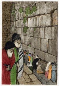 Jews in front of the Wailing Wall, the only remnant of the Temple of Jerusalem built by King Solomon in -950. Engraving by Manuel Orazzi (1860-1934), in “” L