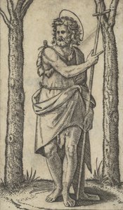 持杖的施洗约翰，出自 "Piccoli Santi "小圣徒系列，约1500-1527。 作者 马尔坎通尼奥·莱蒙迪