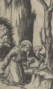 阿西西的圣弗朗西斯在十字架前祈祷，来自 "Piccoli Santi... "系列，约1500-1527。 作者 马尔坎通尼奥·莱蒙迪