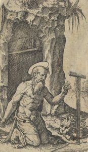 跪在十字架前的圣杰罗姆，来自 "Piccoli Santi "小S系列，约1500-1527。 作者 马尔坎通尼奥·莱蒙迪
