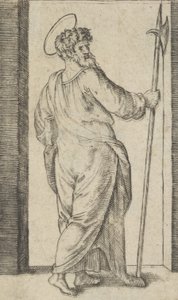 圣人裘德，右手持戟，出自《Piccoli Santi》系列......，约1500-1527年。 作者 马尔坎通尼奥·莱蒙迪