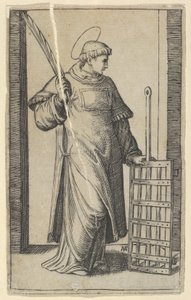 圣劳伦斯，左手放在烤架上，来自 "Piccoli Santi" Sm...系列，约1500-1527。 作者 马尔坎通尼奥·莱蒙迪