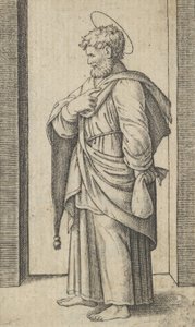 圣马修，左手拿着一个小袋子，来自 "Piccoli Santi" Sm...系列，约1500-1527。 作者 马尔坎通尼奥·莱蒙迪