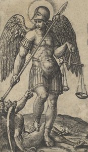 圣米迦勒手持天平和长矛，身下是一个恶魔，出自 "P... "系列，约1500-1527年。 作者 马尔坎通尼奥·莱蒙迪