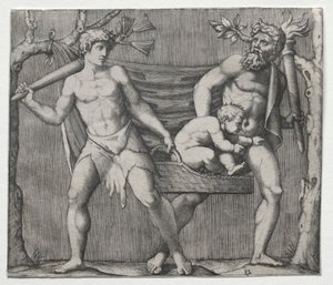 两名Fauuns带着孩子在篮子里，c。 1513-1515。 作者 马尔坎通尼奥·莱蒙迪