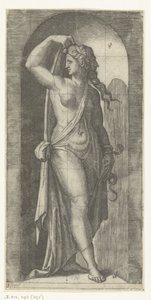 作为 "谨慎"（Prudentia）化身的妇女，带着蛇和面具
七美德（系列名称） 作者 马尔坎通尼奥·莱蒙迪