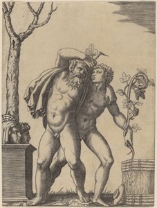 一个年轻的和一个老的巴克斯坦 作者 Marcantonio Raimondi 可能在 Raphael 之后 可能在 Giulio Romano 之后
