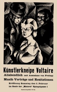 1916 年 2 月 5 日伏尔泰酒馆开幕海报 - 马塞尔·斯洛德基 (1892-1944)。 光刻 作者 马塞尔·斯沃德基
